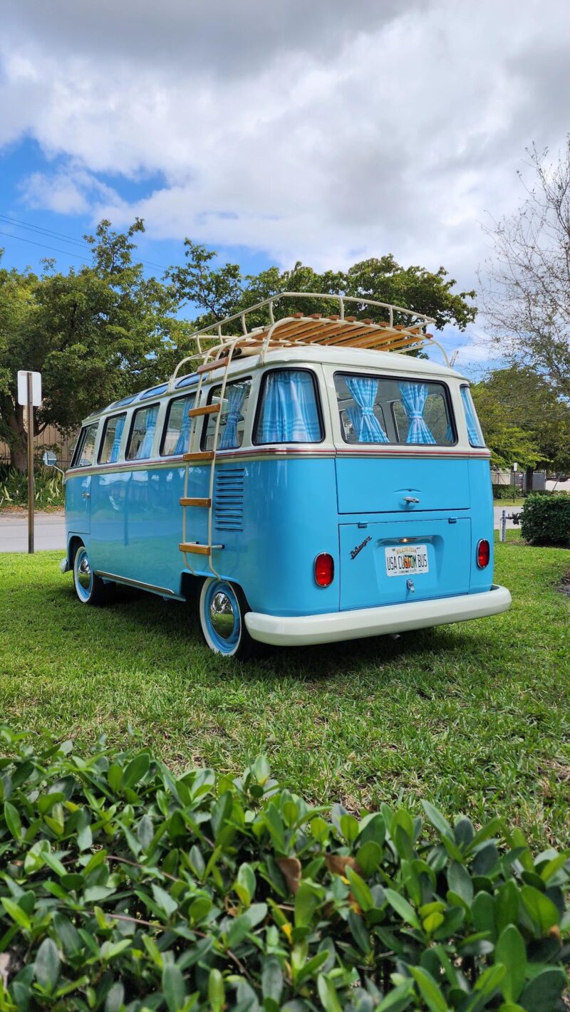 1972 MIAMI BLUE VW BUS SAMBA RECREATION 23 WINDOWS - USA Custom Bus